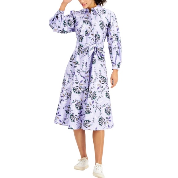 CHARTER CLUB | Lavender Fields Floral Long Sleeve Belted Button Down Shirt Dress - Picture 1 of 16